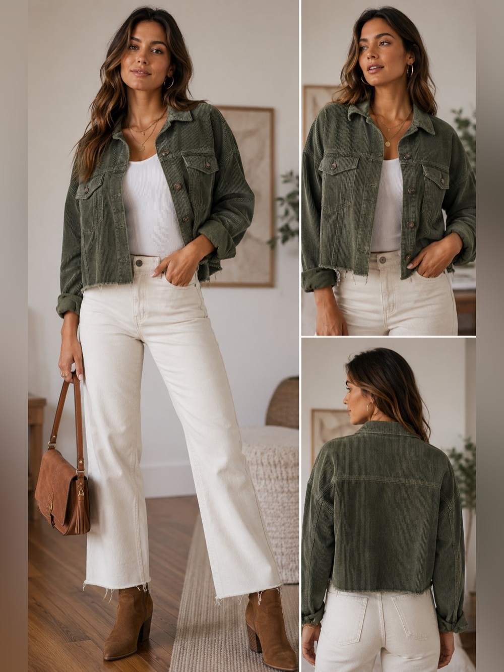 American Eagle Outfitters Women's Olive Green Cor Cropped Shacket (925)
